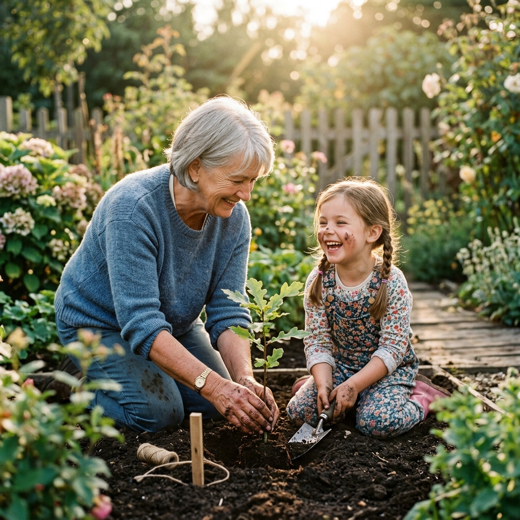 Grandparent and child planting a tree